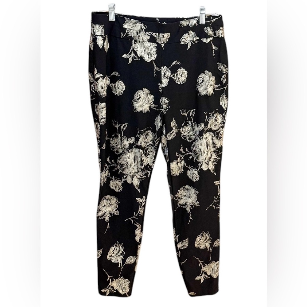 NY&C Womens Large Black Gold Metallic Floral Pull On Stretchy Dress Pants